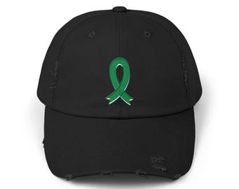 Organ Transplant Awareness Baseball Cap: Green Ribbon Distressed Hat