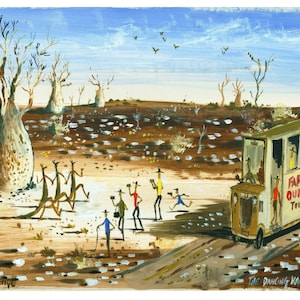Puede incluir: Una pintura de un autobús con la etiqueta "Far Outback Tours" conduciendo por un paisaje desértico con varias personas tomando fotos de canguros. El texto "The Dancing Kangaroos" está en la parte inferior de la pintura.