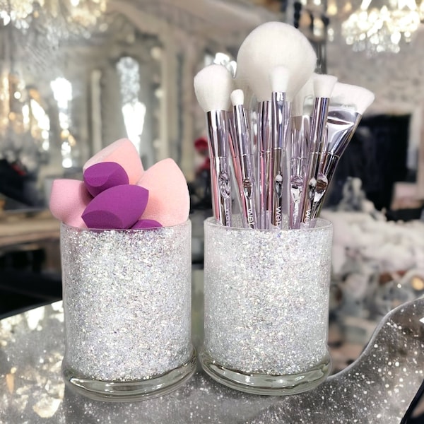 Glitter Glass Containers / Office Supplies / Pen Holders / Make Up Brush Holder / Glass Jars / Office Decor / Vanity Organizer / Glam Decor