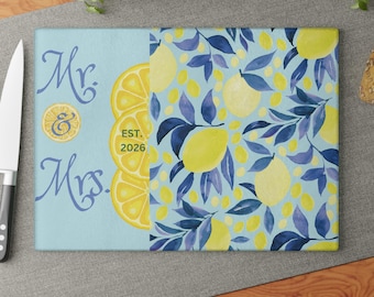 Mr. & Mrs. 2026 Lemons Wedding Glass Cutting Board Gift Elegant Kitchen Accessory Newlyweds Home Decor Great Bridal Shower Gift Housewarming