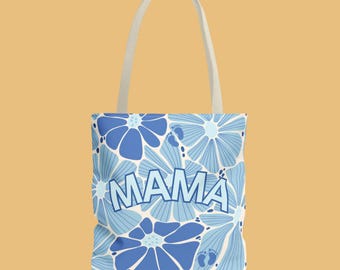 MAMA Blue Modern Floral Tote Bag Baby Shower Gift Gender Reveal Tote Baby Essentials Gift Stylish, Bag for New Mothers Boy Moms Gifts