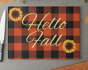 Hello Fall Glass Cutting Board Kitchen Home Decor New Apartment Housewarming Gift Basket Elegant Kitchen Accessory Wedding Gifts Hosting