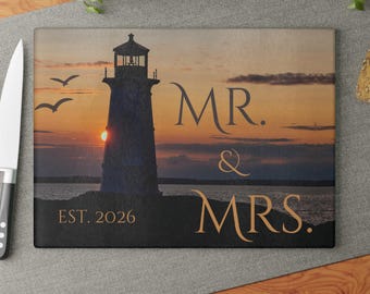 Mr & Mrs 2026 Lighthouse Sunset Wedding Glass Cutting Board Gift Nikkah Housewarming Bridal Shower Home Decor Newlyweds Kitchen Accessory