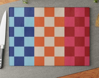 Multi Colored Checkered Glass Cutting Board Vibrant Colorful Plaid Kitchen Home Decor Cute Hostess Gift Housewarming New Home Holiday