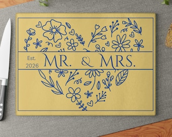 Mr. & Mrs. 2026 Floral Heart Modern Wedding Glass Cutting Board Gift Nikkah Housewarming Bridal Shower Home Decor Newlyweds Charcuterie