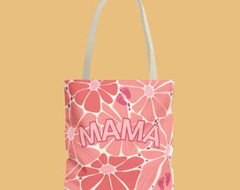 MAMA Pink Modern Floral Tote Bag Baby Shower Gift Gender Reveal Tote Baby Essentials Gift Stylish, Bag for New Mothers Girl Moms Gifts