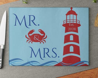 Mr. & Mrs. 2026 Costal Shore Wedding Glass Cutting Board Gift Nikkah Housewarming Bridal Shower Home Decor Newlyweds Kitchen Sign Accessory