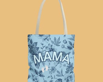 MAMA Floral Blue Tote Bag Durable Everyday  Mom Tote Baby Shower Gender Reveal Gift Baby Essentials Stylish, Bag for New Mothers Botanical