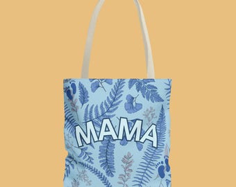 MAMA Botanical Floral Blue Tote Bag Durable Everyday  Mom Tote Baby Shower Gender Reveal Gift Baby Essentials Stylish, Bag for New Mothers