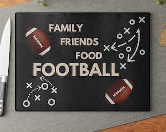 Family Friends Food Football Cutting Board Game Day Essentials Kitchen Decor Hostess Gift Tailgate Party Charcuterie Board Sports Fan