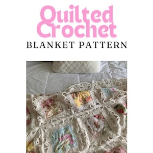 May include: A crocheted blanket with a quilted design. The blanket is made of white yarn and features squares of floral fabric. The blanket is laid out on a bed with a white pillow.