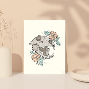 Paster Color Skull and Flowers Art | Hand Drawn Ink Artwork | Animal Skull Drawing Punk Soft Yellow | Flower Ink Drawing | 8x10 Original