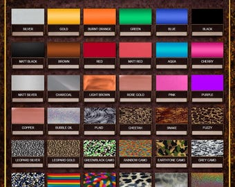 May include: A product display featuring a variety of Deco Soft Metallics & Patterns, sold in 19.5" x 1 yard rolls. Colors include silver, gold, burnt orange, green, blue, and black, along with various patterns like cheetah and rainbow camo.
