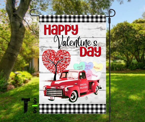 Happy Valentine W/ Red Truck Garden Flag