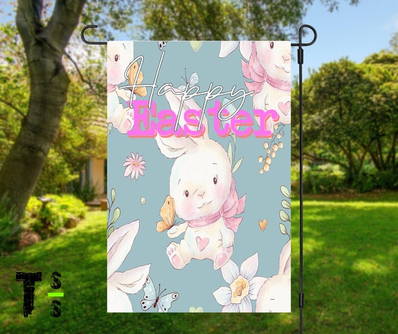 Easter3 - Happy Easter Floral Bunny Flag