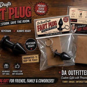 May include: A black, cone-shaped novelty keychain labeled Dr. BackDrafts Fart Plug. The packaging includes emergency instructions, a cartoon character, and text stating Pocket Sized Power, Stop The Storm, Save The Room, and Keychain Ready.