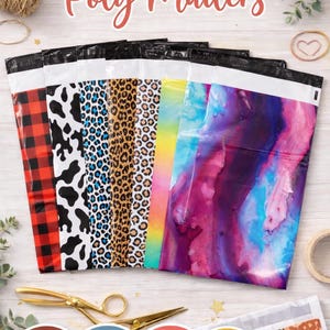 May include: Decorative poly mailers in various patterns, including buffalo plaid, cow print, leopard, and watercolor designs. The image shows different pack sizes: 10, 25, 50, and 100 packs. The mailers are designed for shipping.
