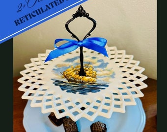 NAUTICAL 2-Tier Server, FATHER'S DAY Gift Idea, Reticulated Schooner Top Dish, Scalloped Base Plate, Trinket Tray, Retirement, Mariner Decor
