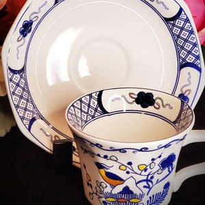 WEDGWOOD BLUE CHINOISERIE Demitasse, Modern &quot;Volendam&quot; Octagonal Espresso or Tea Cup & Saucer, Vintage Floral Bird, Grand Millennial Decor