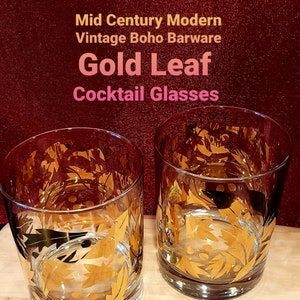 Mid Century Modern Barware- GOLDLEAF COCKTAIL GLASSES: Low Ball, Old-Fashion, Water, Whiskey or Bourbon Rocks, Set of 2, Collectible Vintage