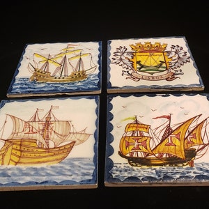 HANDPAINTED PORTUGUESE TILES, Tall Sailing Ships, Lisboa (Lisbon) Crest, 5.5&quot; Square, Display Accent, Traditional Decor, Housewarming Gift