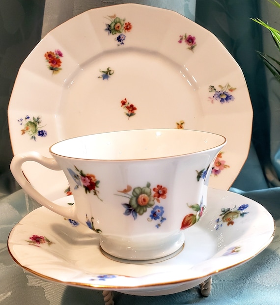Antique Furstenberg Dessert Set Trio, Floral Porcelain, Gold