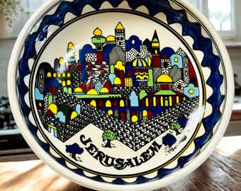 VTG 9.25”Armenian Ceramic Bowl Hand Painted Jerusalem Old City Skyline Folk Art Pottery, Israel Souvenir Collectible Dish, Holy Land Judaica