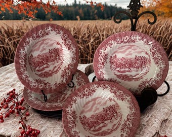 Vintage Johnson Brothers Rimmed Soup Bowls, Set of 4,  Pink Red Transferware, Horse Coaching Scene, Fluted Swirl Border, Made in England