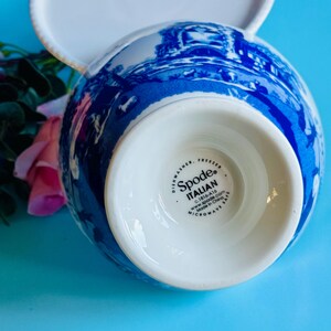 May include: A white and blue Spode Italian teacup with a handle. The teacup features a detailed blue landscape design against a white background. The bottom of the teacup has the Spode Italian logo and product information.