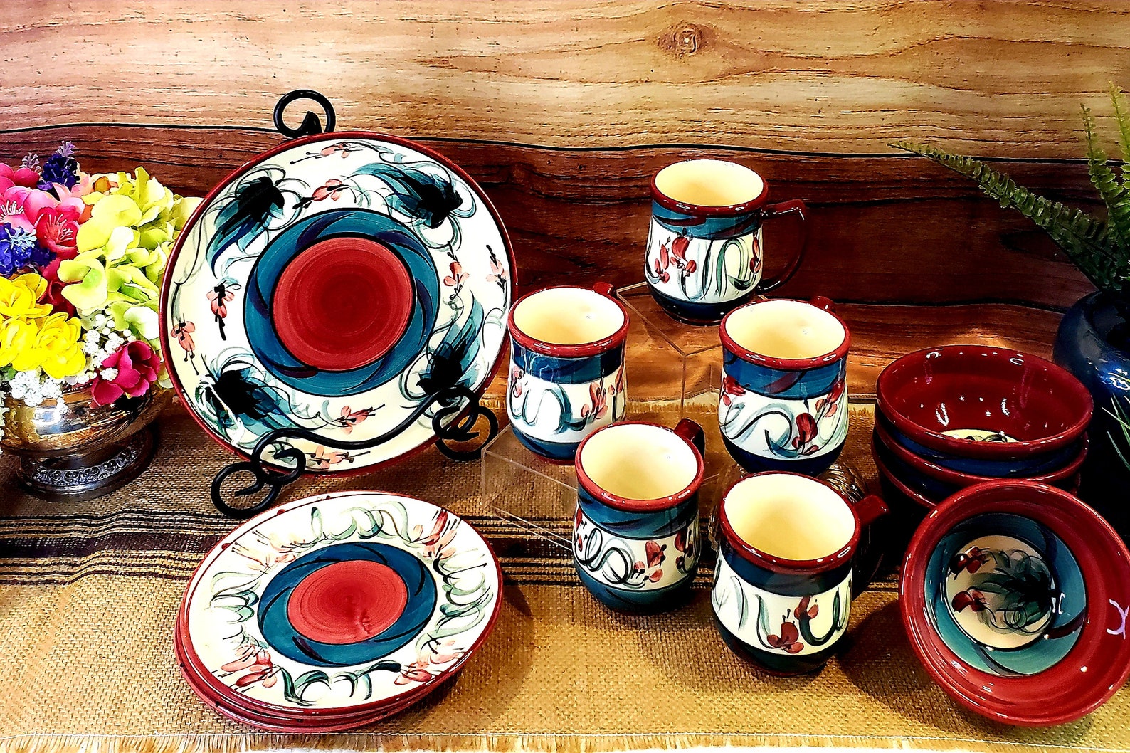 Vintage 1992 Gail Pittman Pottery, Hand Painted Red Grapevine Pattern