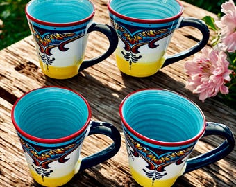 Euro Ceramica ZANZIBAR Coffee Mugs, Set of 4 ~ Vibrant Bohemian-Spanish-Moroccan Talavera Style Ceramic Tea Cups, Turquoise Interior