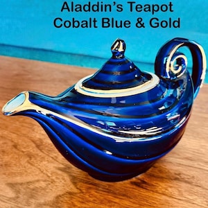 Hall's “Aladdin’s Lamp” Vintage Teapot: Cobalt Blue with Gold Trim