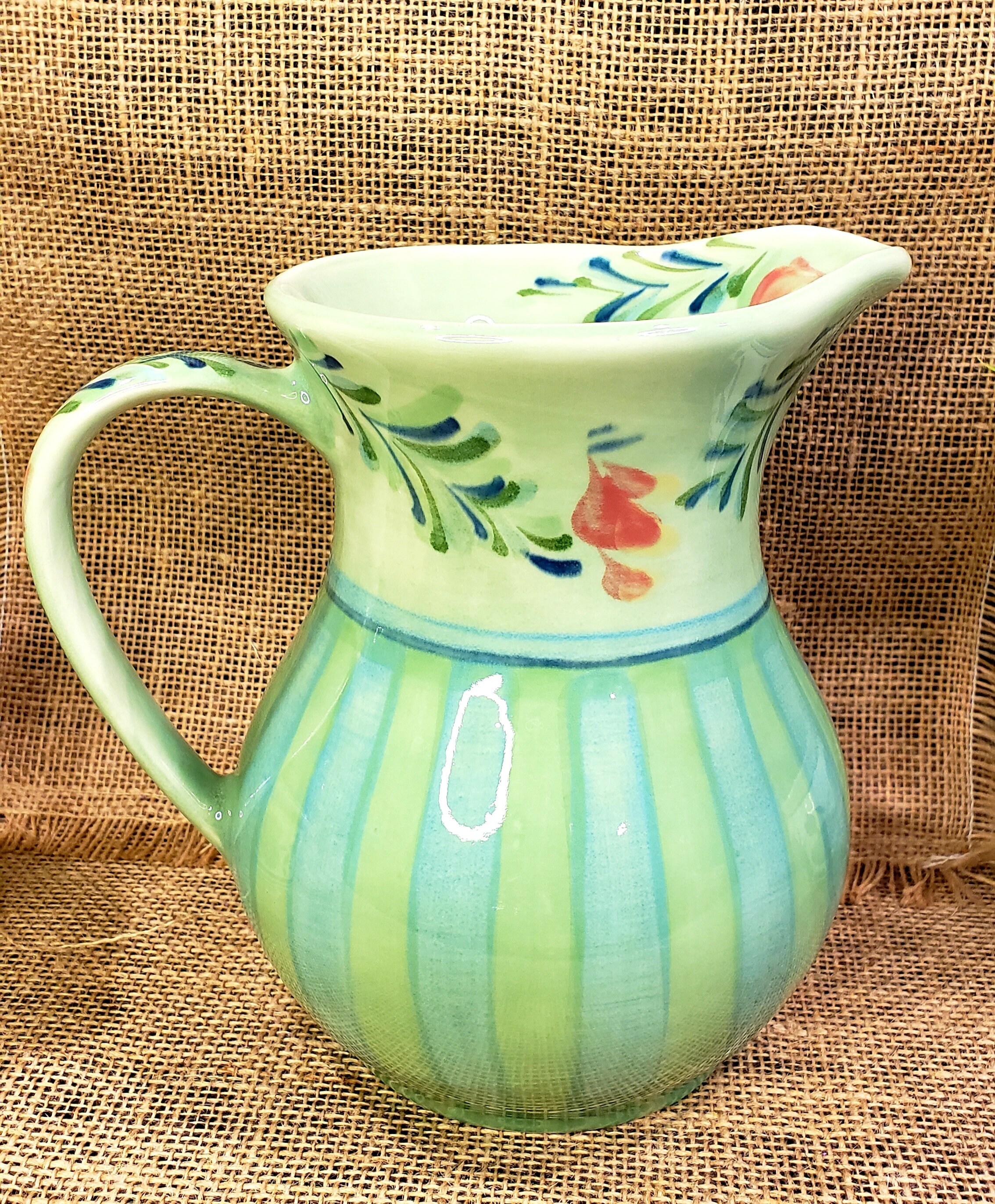 Pottery Pitcher Gail Pittman Hand Painted Boho Green Floral Etsy