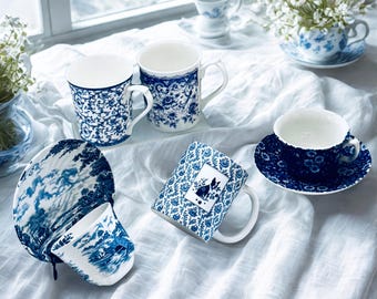 Blue/White Coffee Mugs, Teacups & Saucers ~ Mix and Match ~ Burleigh Blue Calico, Bluebrook Staffordshire, Boston Terrier, Queen’s, Fiesta