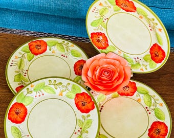 Pier 1 Olivia Dinner Plates Set of 4, Red Orange Poppy Floral Earthenware, Discontinued Replacement Pier One Boho Country Ceramic Dishes