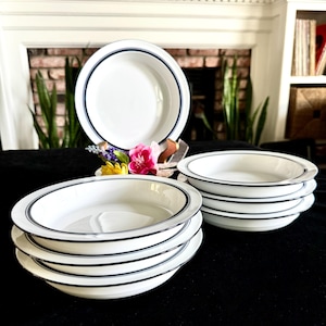 DANSK BISTRO CHRISTIANSHAVN, Made in Portugal, Set of 6 Rim Soup Bowls (Mint), Plus 1 in Fair Condition; 1 Candlestick, Danish Modern Design