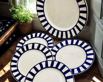 Vintage Windsor & Browne WIB9 Blue Stripes Plates Set of 5 Made in Italy Cobalt Nautical Ceramic Dinner and Salad Accent Plates Replacement