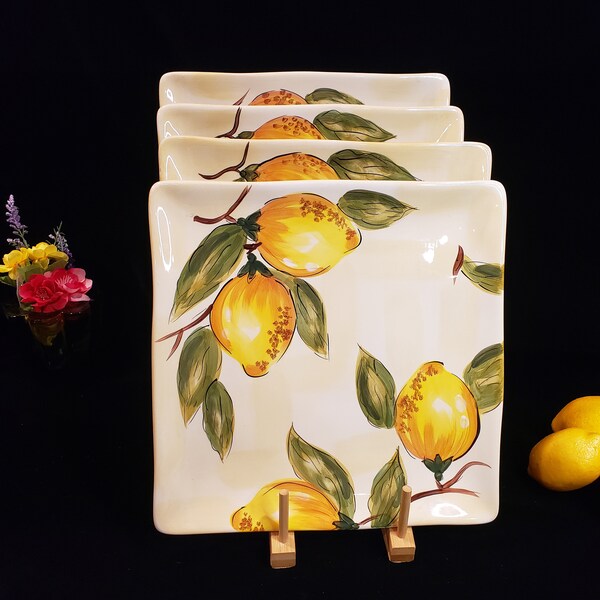 PIER 1 LEMON ORCHARD Square Dinner Plates, Hand-Painted Earthenware, Yellow Lemons, Green Leaves, Brown Branches, Elegant Dinner Party, Gift