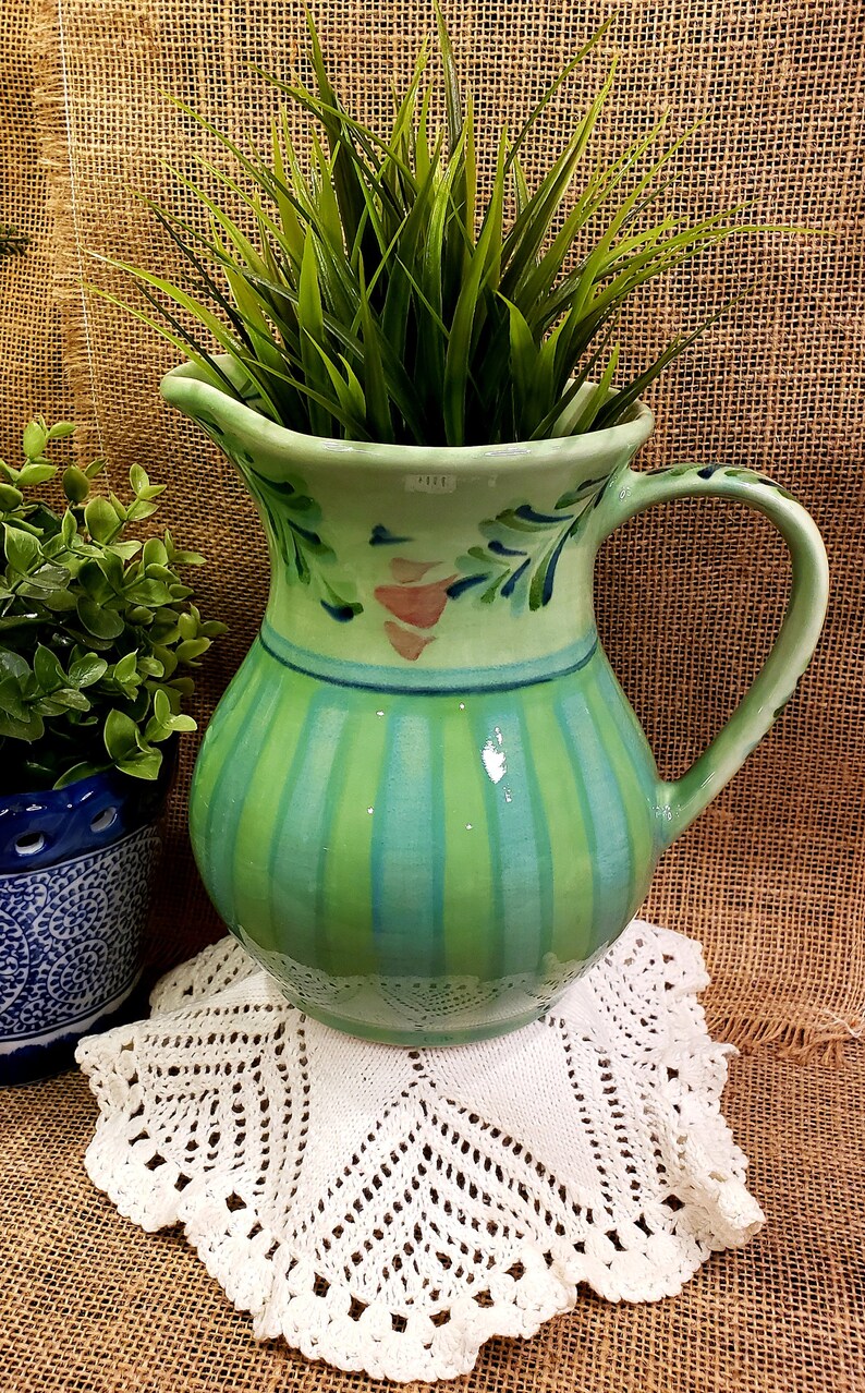 Pottery Pitcher Gail Pittman Hand Painted Boho Green Floral Etsy