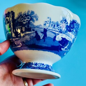 May include: A white and blue ceramic footed bowl with a scalloped rim. The bowl features a blue landscape design with figures and buildings. The base of the bowl has a decorative blue floral pattern.