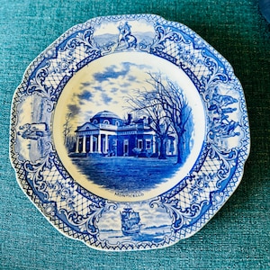 MONTICELLO Cobalt Blue Vintage Collectible Souvenir Plate, Colonial Times by CROWN DUCAL, Traditional/Plate Wall Decor, Historic, Gift Idea