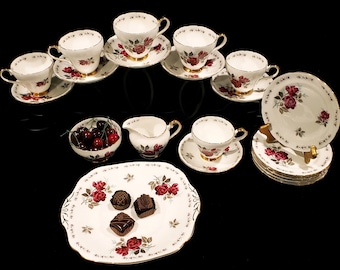 Bone China Trios ~ Adderley Persian Rose Dessert Sets, Extra Plates, Cake Plate, Creamer