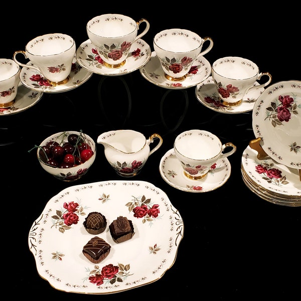 ADDERLEY PERSIAN ROSE, 6 Teacup Trios, Fine English Bone China Dessert Set, Wedding Gift, Bridal Shower, Cake Plate, Creamer, Sugar + Extras