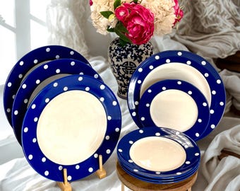 SPODE BAKING DAYS: Dinner/Salad Plates ~ Cobalt Blue Rim with White Dots, Each Sold Separately