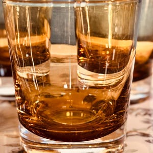 Mid Century Modern Barware ~ AMBER COCKTAIL GLASSES: Low Ball, Old-Fashioned, Water, Whiskey or Bourbon Rocks, Set of 4, Collectible Vintage