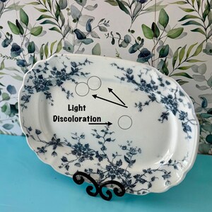 May include: An oval, white ceramic serving platter with a blue floral design. The platter has a scalloped edge and is supported by a black metal stand. Text on the platter indicates light discoloration.