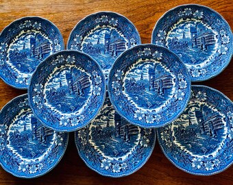 Vintage Royal Tudor Ware Coaching Taverns 1828~ 8"Salad/Dessert Plates, Set of 8 Dark Blue Transferware Staffordshire England Mint Condition