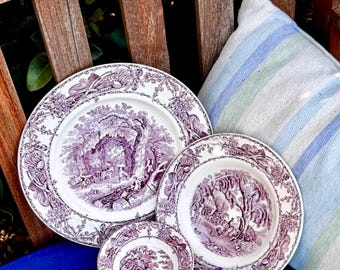 Rare Mulberry Transferware 3 Piece Set, Pastoral Davenport 1840 Amethyst Staffordshire Farmhouse Decor
