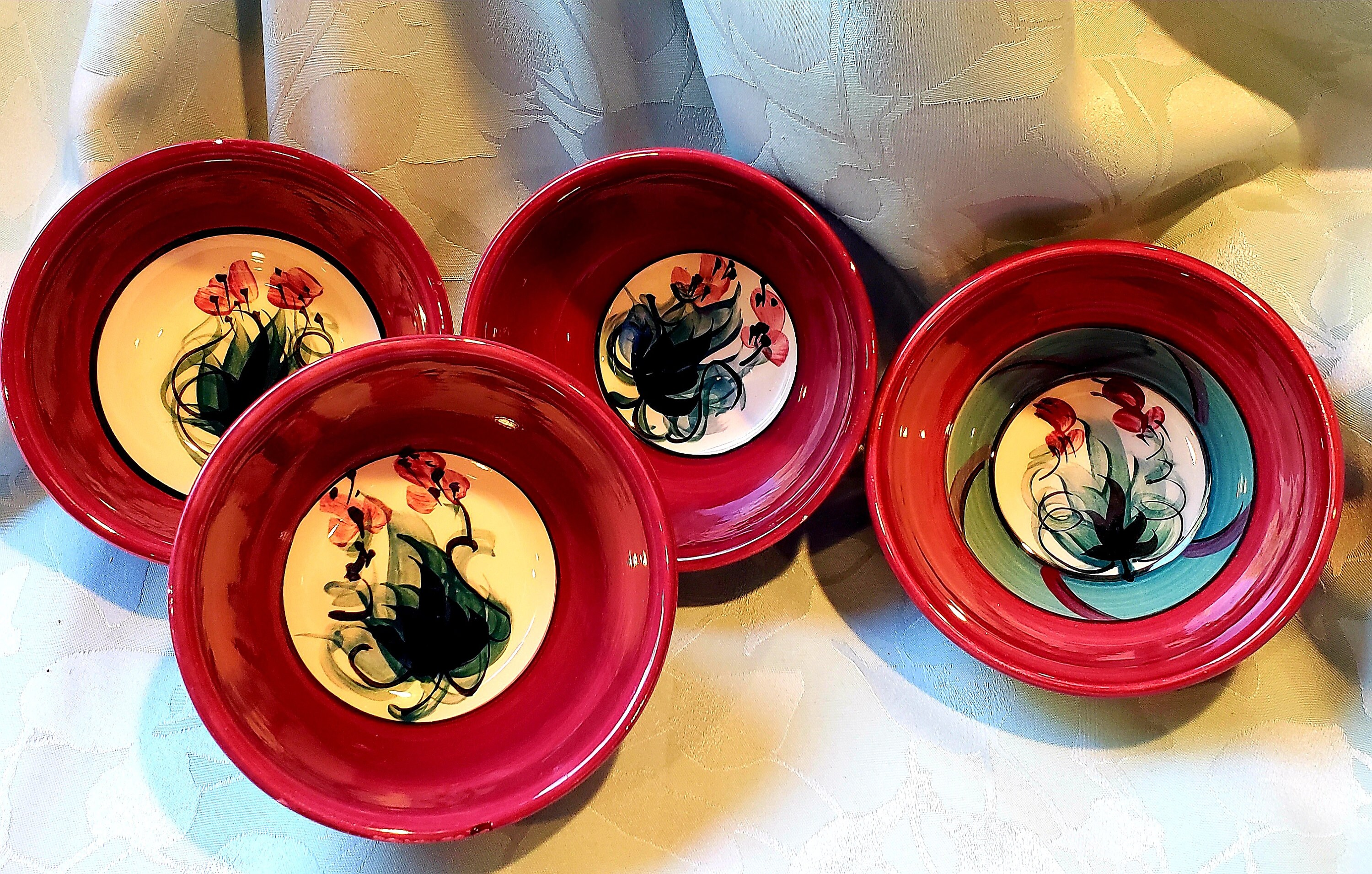 Vintage 1992 Gail Pittman Pottery, Hand Painted Red Grapevine Pattern