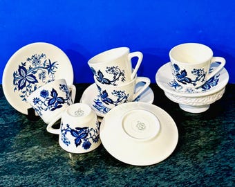 Vintage 1967 Anfora Mexico Espresso Cups and Saucers, Blue Onion Demitasse Set